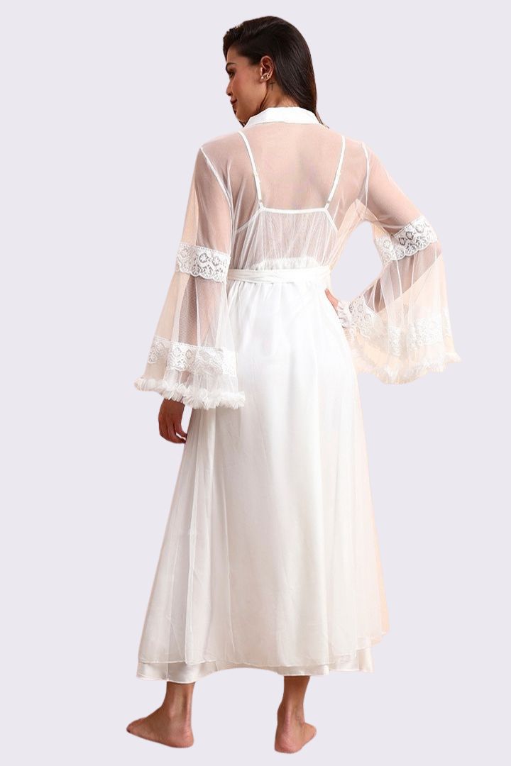 AXTZH Sophisticated and Alluring Nightwear Ensemble Featuring a Full-Length Gown with Sheer Accents X5101-WHITE-F22S
