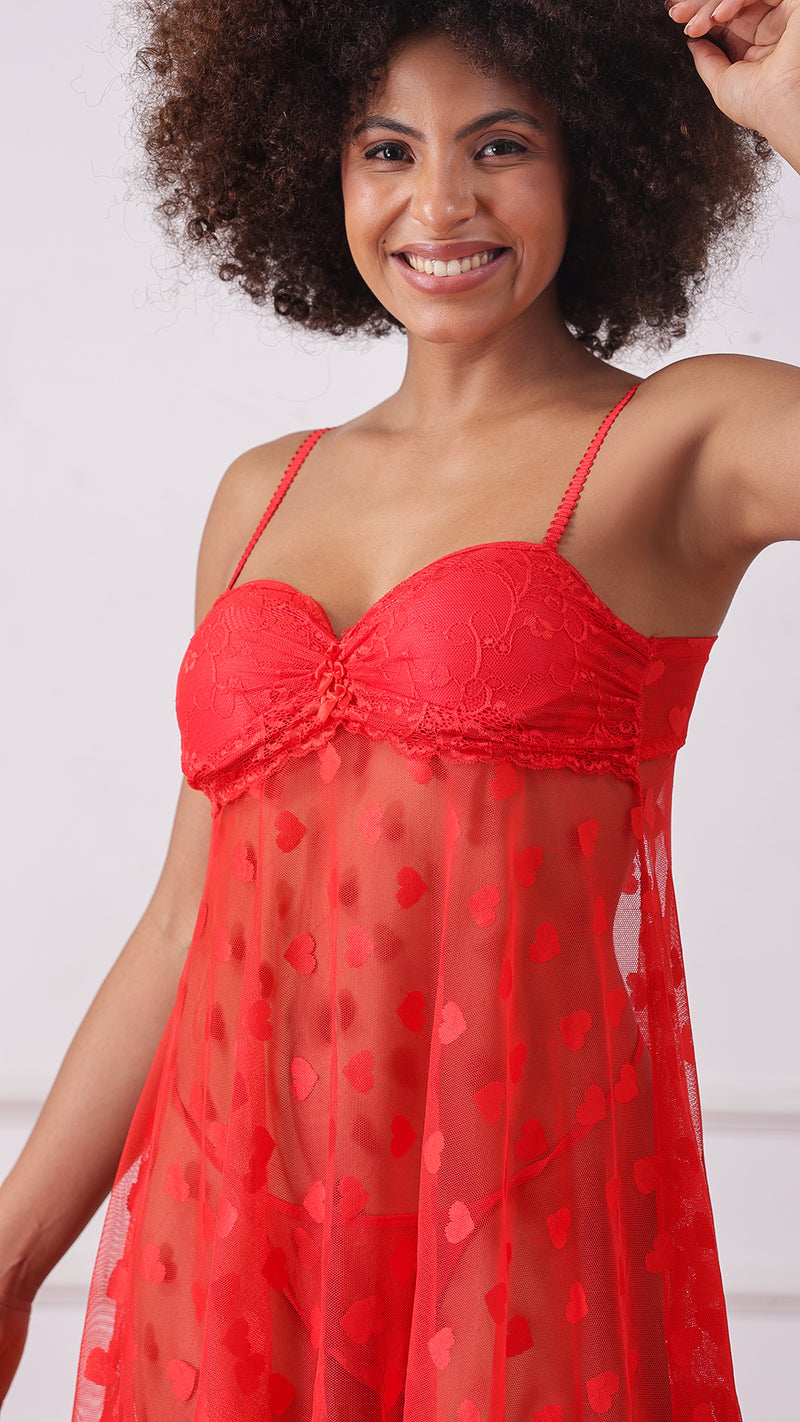 Polka dot mesh babydoll dress, front view