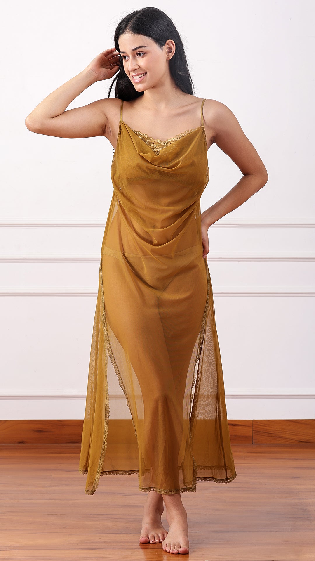 Mustard gold satin robe with lace sleeve, close-up front view
