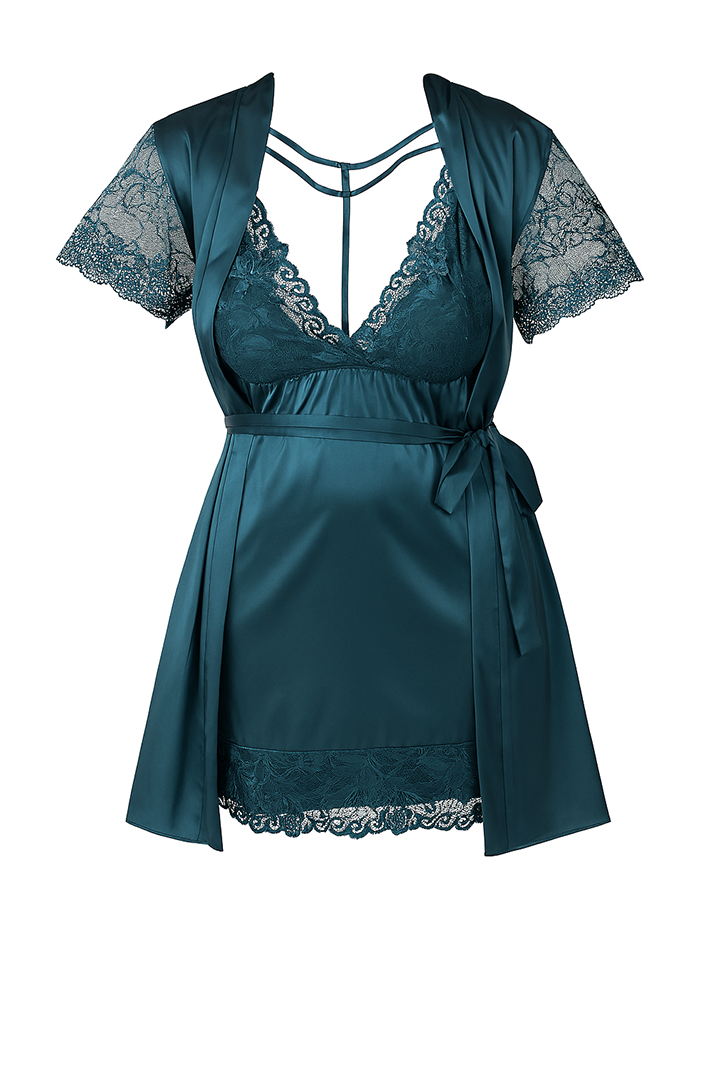 AXTZH Satin Lace 2-Piece Nightwear Set with Robe X7671-TEAL-F11S