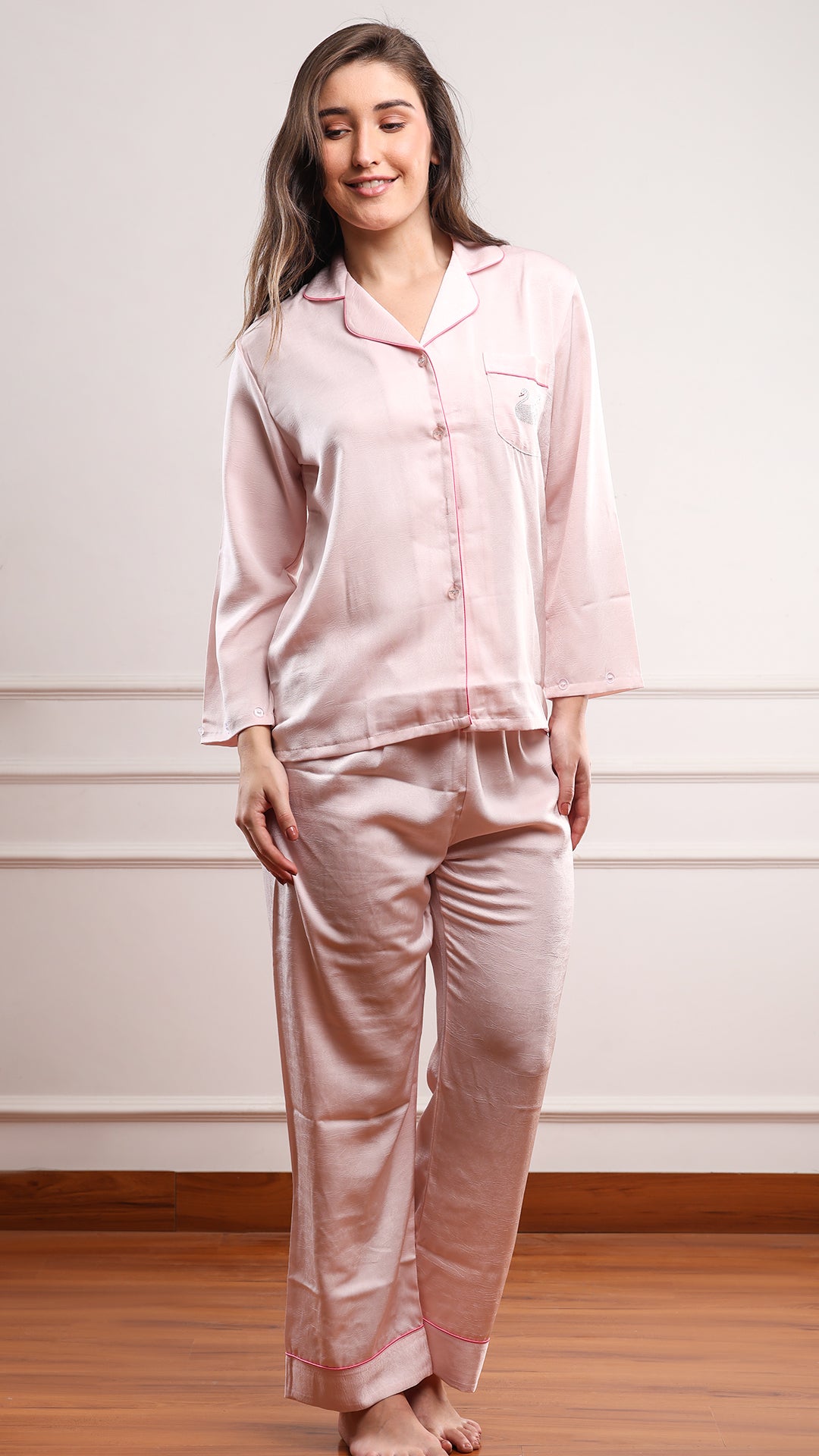 Pink Silk Satin Feather-Cuff Pajama Set