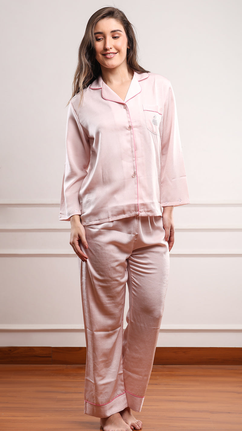 Pink Silk Satin Feather-Cuff Pajama Set