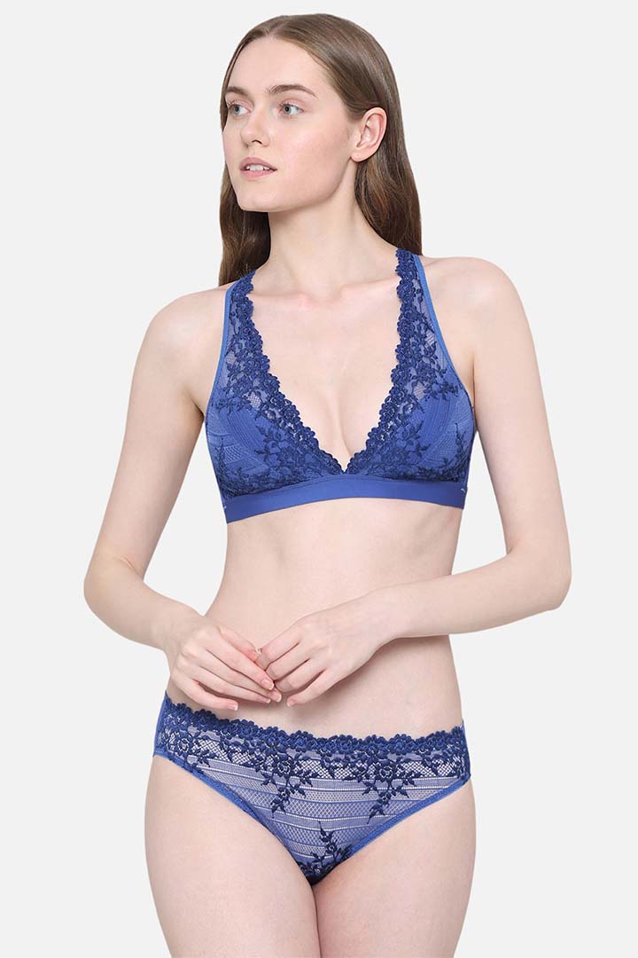 WACOAL BRA 852191 Embrace Lace Non Padded Non Wired 3/4th Cup Bridal Wear Medium coverage Lace Bralette - Dark Blue