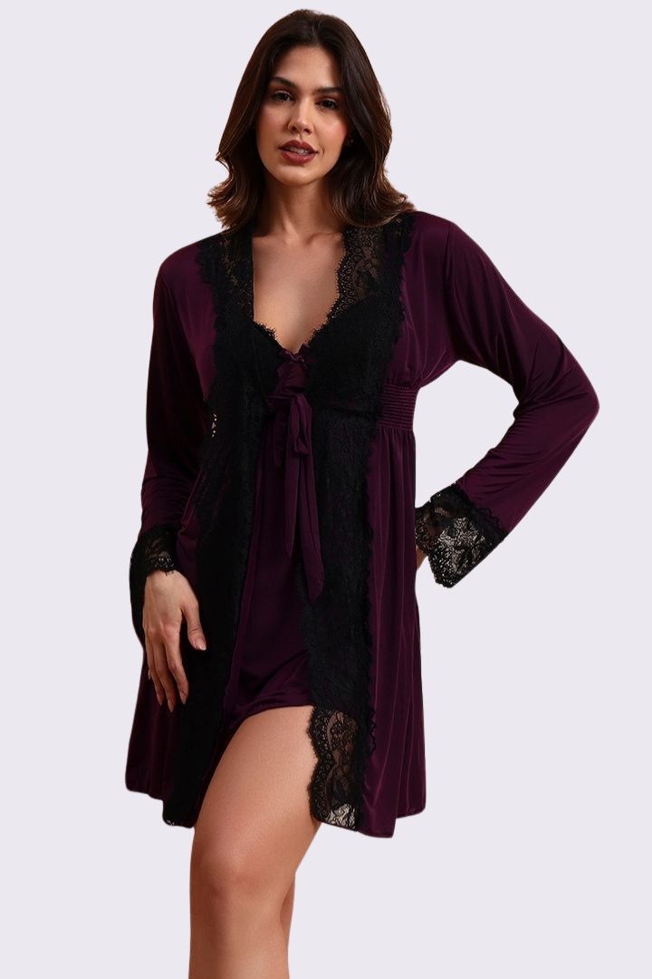 AXTZH Stylish Nightwear Duo with Flowing Outer Robe and Comfortable Inner Slip Dress X3233-MULBERRY-F11M