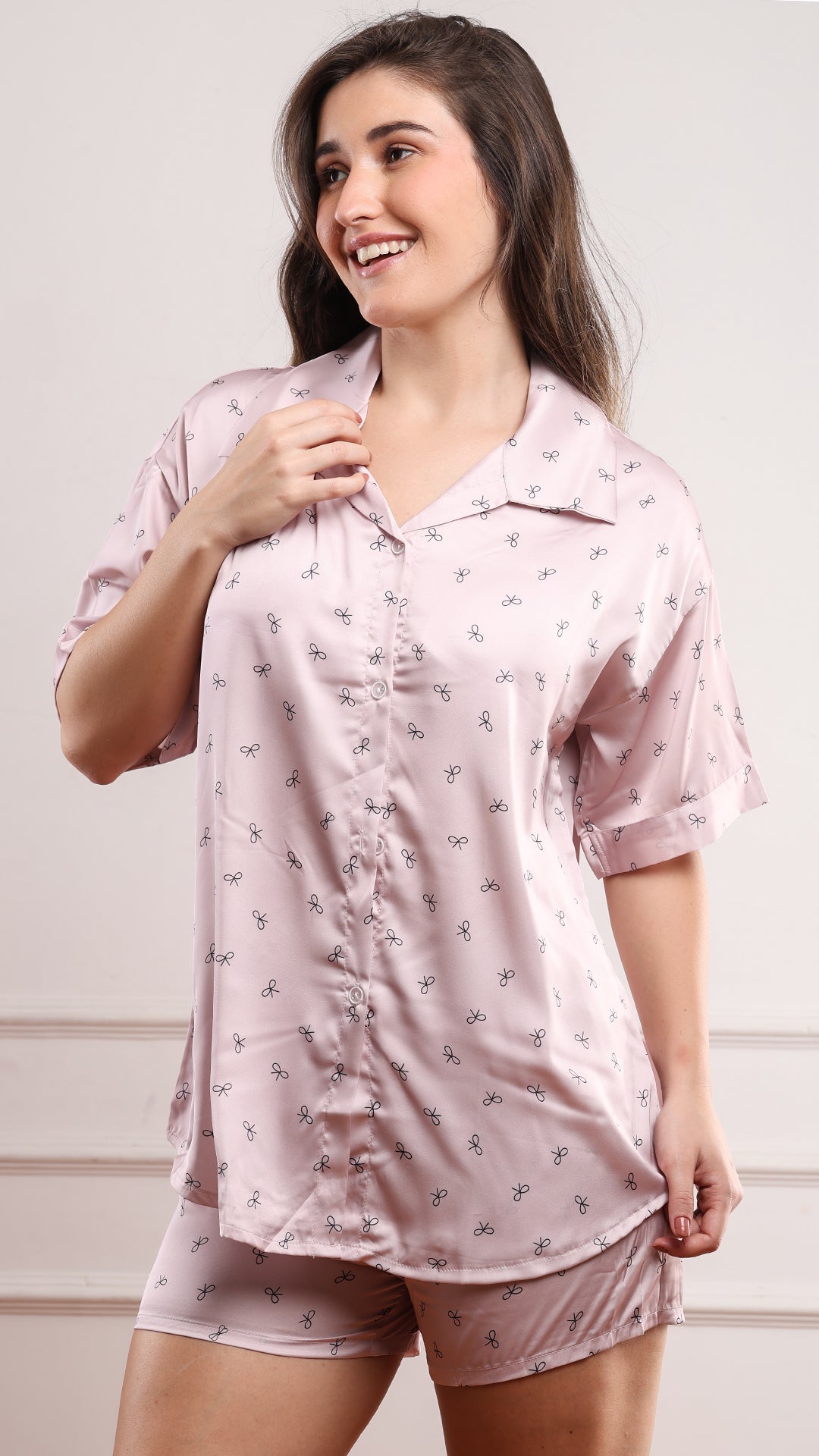 Blush Pink Striped Satin Shirt & Shorts PJ Set