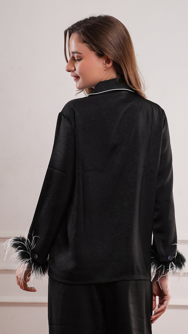 Black Silk Satin Feather-Cuff Pajama Set