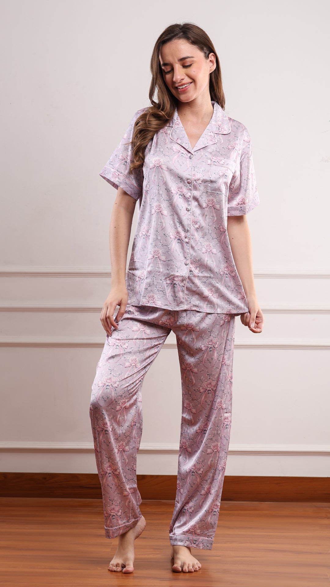 Pink Floral Satin Pyjama Set – Shirt, Shorts & Pants
