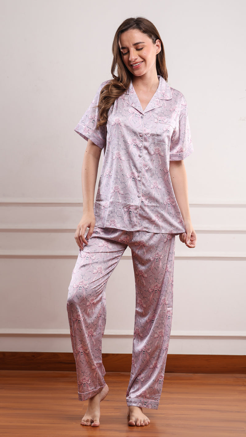 Pink Floral Satin Pyjama Set – Shirt, Shorts & Pants