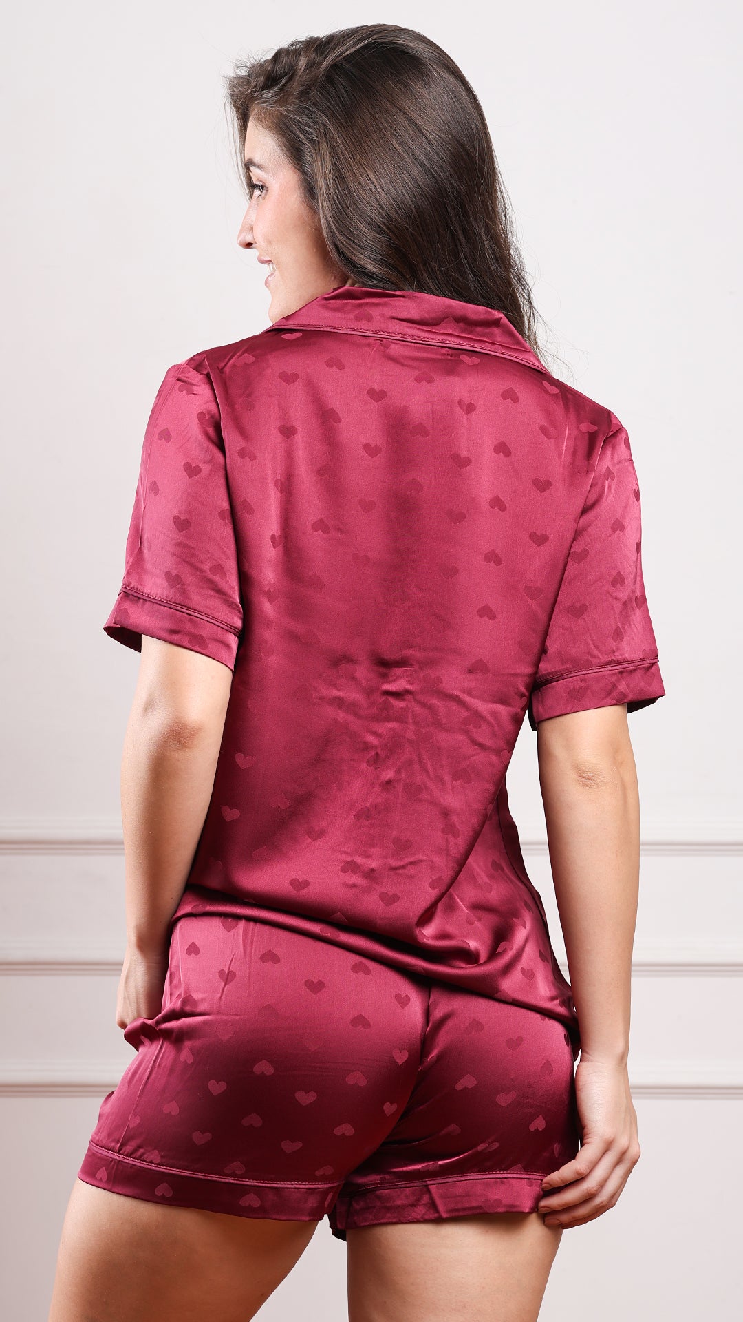Wine Heart Jacquard Satin Pajama Set — Shirt, Shorts & Pants