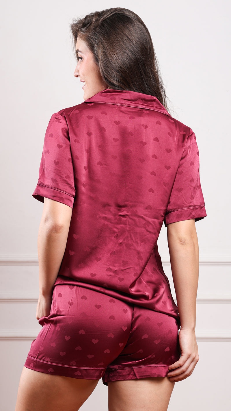 Wine Heart Jacquard Satin Pajama Set — Shirt, Shorts & Pants