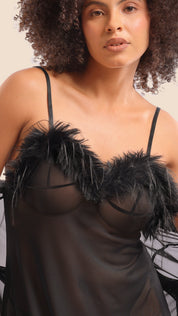 Sheer Mesh Babydoll & Robe Set | Faux Fur Trim Lingerie