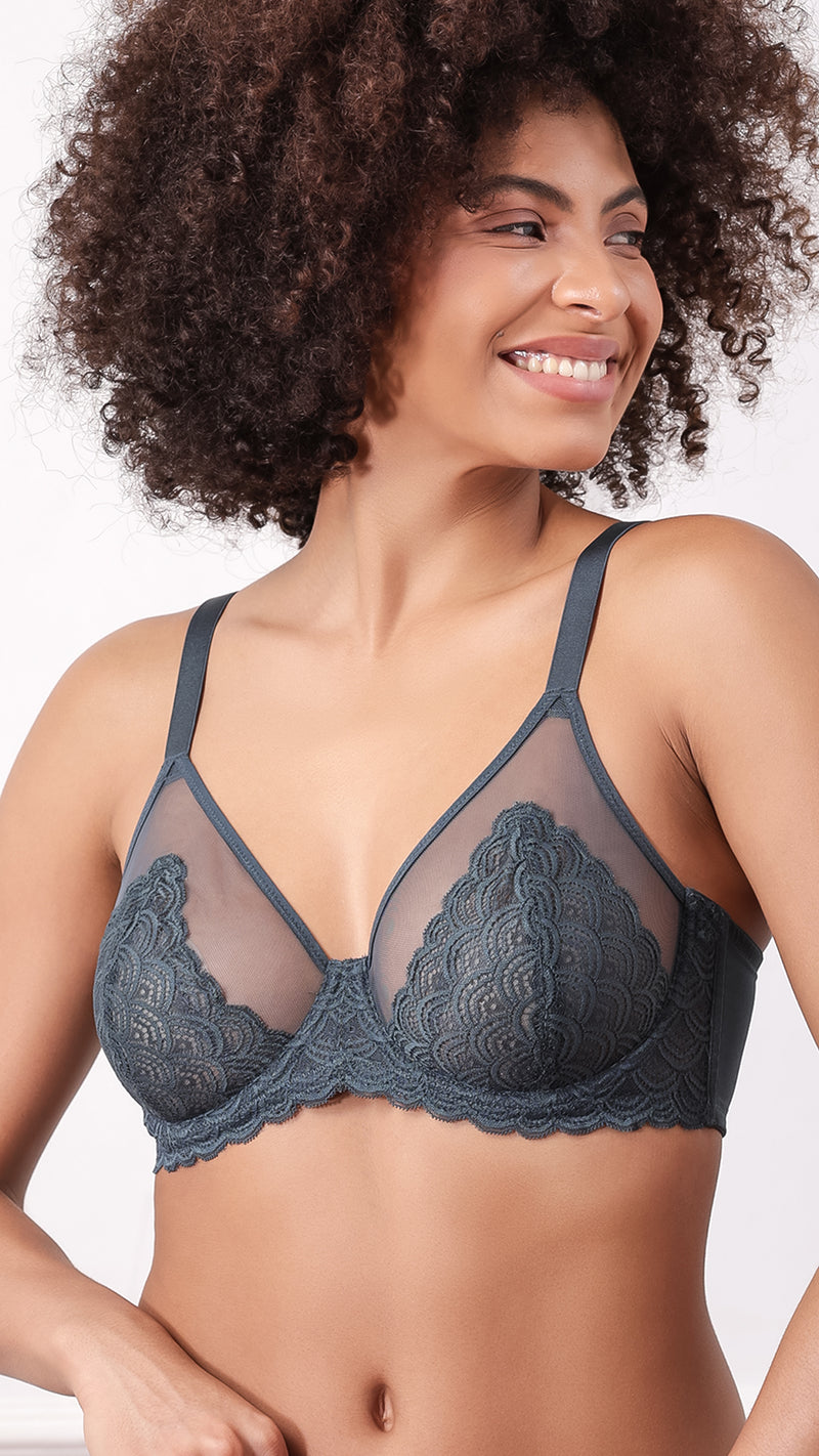 Close-up front view of grey sheer floral lace demi bra