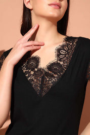 NIGHTWEAR-XF1MO2371 Lace-Detail V-Neck Spandex Nightdress