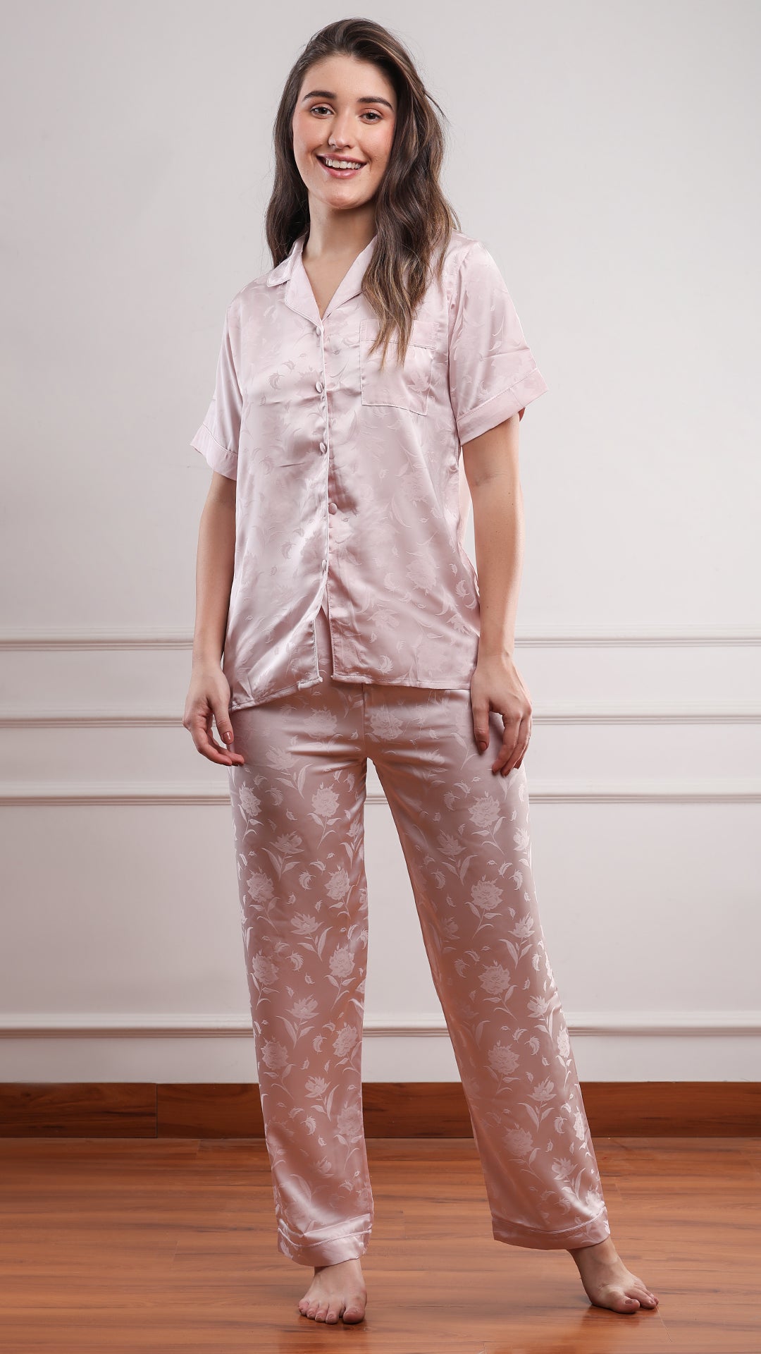 Women's blush satin pajama set with floral jacquard and relaxed fit pants