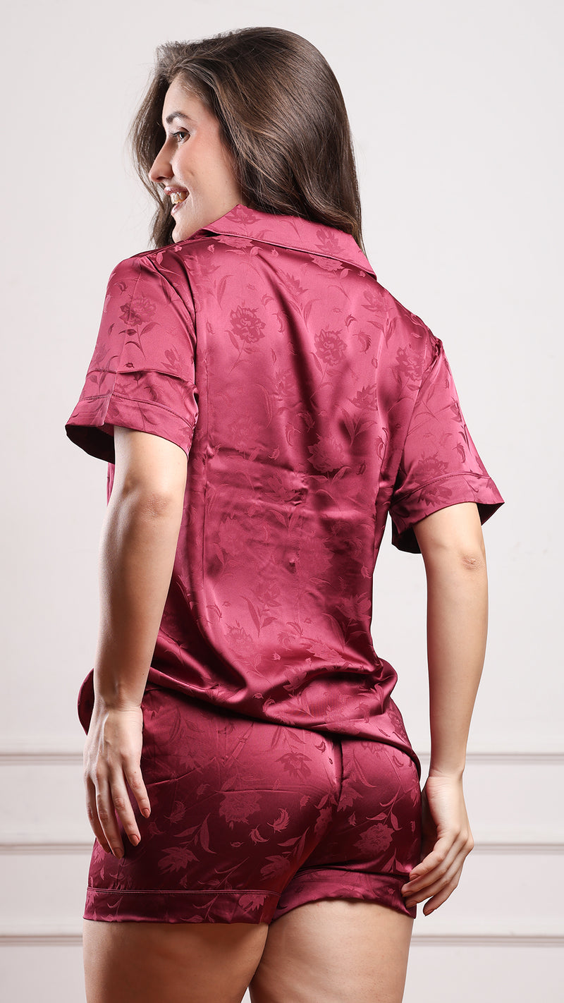 Jacquard Satin 3pc Pajama Set – Shirt, Shorts & Pant
