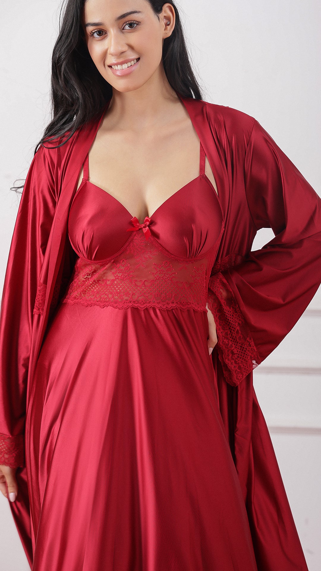 Maroon satin robe and slip dress set, back view