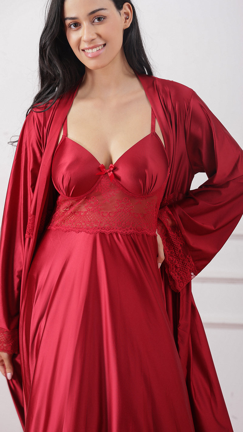 Maroon satin robe and slip dress set, back view