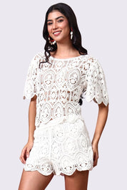 AXTZH Crochet Beachwear Shorts with Handcrafted Detailing and Scalloped Hemline-X0228-WHITE-BW1PST