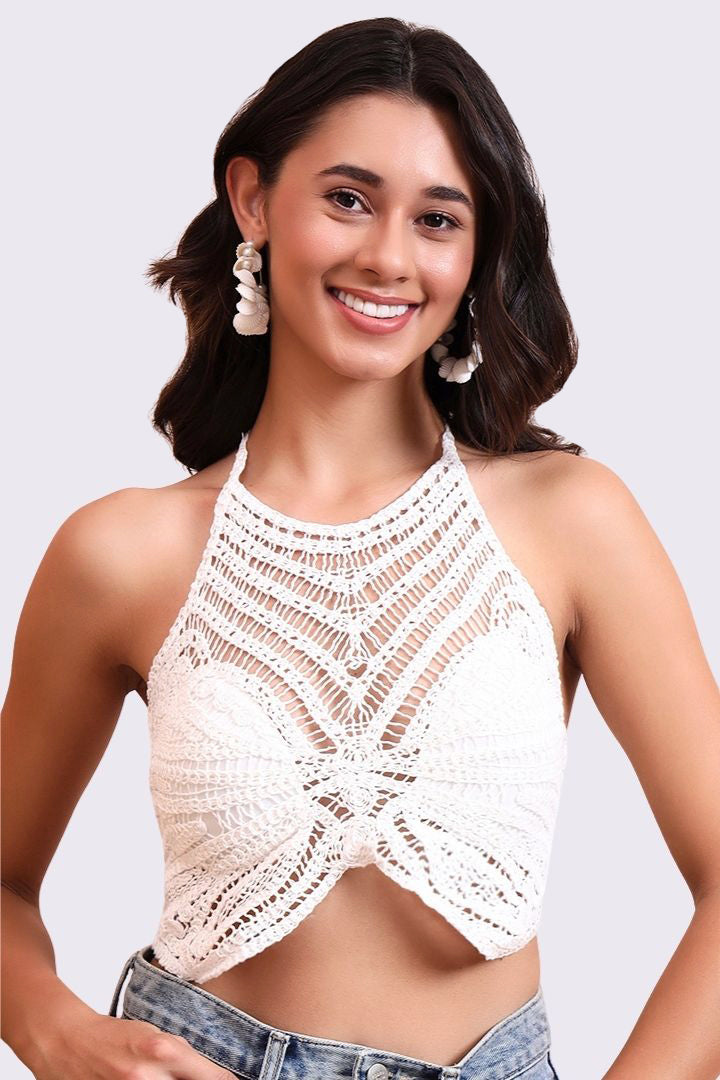 AXTZH Crochet Halter Beachwear Bra Top with Handcrafted Detailing and Playful Design-X0169-WHITE1-BW1PBL