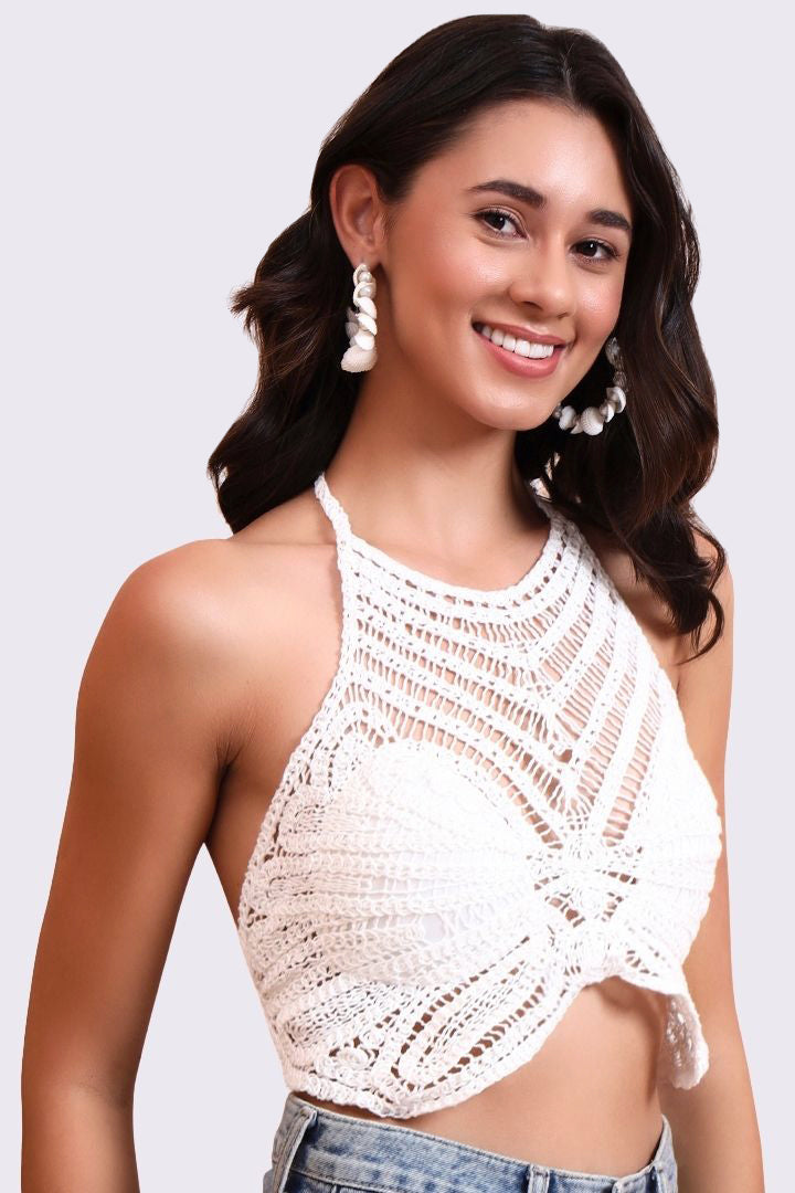 AXTZH Crochet Halter Beachwear Bra Top with Handcrafted Detailing and Playful Design-X0169-WHITE1-BW1PBL