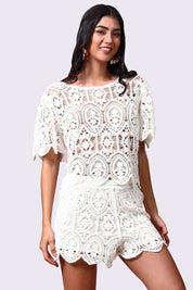 AXTZH Crochet Beachwear Shorts with Handcrafted Detailing and Scalloped Hemline-X0228-WHITE-BW1PST