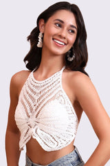 AXTZH Crochet Halter Beachwear Bra Top with Handcrafted Detailing and Playful Design-X0169-WHITE1-BW1PBL