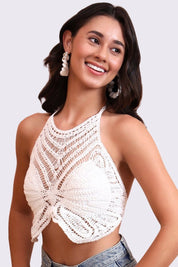 AXTZH Crochet Halter Beachwear Bra Top with Handcrafted Detailing and Playful Design-X0169-WHITE1-BW1PBL