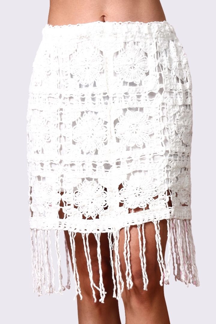 AXTZH Women’s Crochet Beachwear Skirt with Delicate Detailing and Fringe Hem-X2526-WHITE-BW1PSK