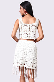 AXTZH Women’s Crochet Beachwear Skirt with Delicate Detailing and Fringe Hem-X2526-WHITE-BW1PSK