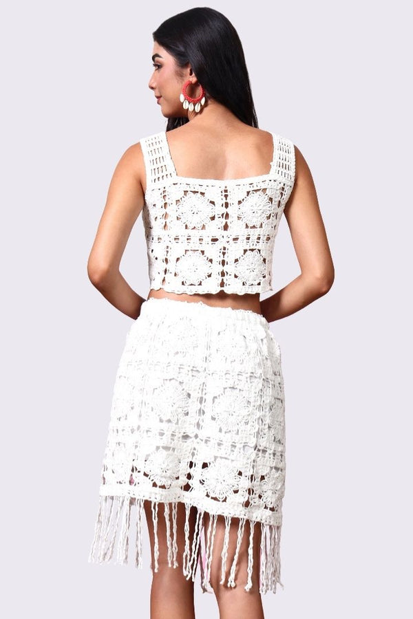 AXTZH Women’s Crochet Beachwear Skirt with Delicate Detailing and Fringe Hem-X2526-WHITE-BW1PSK