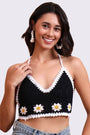AXTZH Crochet Halter Beachwear Bra Top with Handcrafted Detailing and Playfu-X0169-BLACK2-BW1PBL