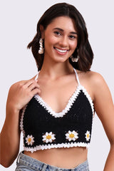 AXTZH Crochet Halter Beachwear Bra Top with Handcrafted Detailing and Playfu-X0169-BLACK2-BW1PBL