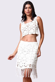 AXTZH Women’s Crochet Beachwear Skirt with Delicate Detailing and Fringe Hem-X2526-WHITE-BW1PSK