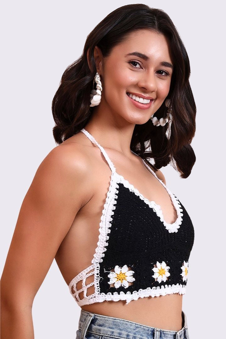 AXTZH Crochet Halter Beachwear Bra Top with Handcrafted Detailing and Playfu-X0169-BLACK2-BW1PBL