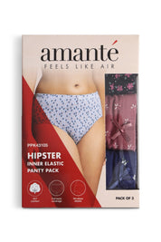 AMANTE Inner Elastic Waistband Hipster Assorted Panty (Pack of 3 Colors & Prints May Vary) PPK43105-PRINT