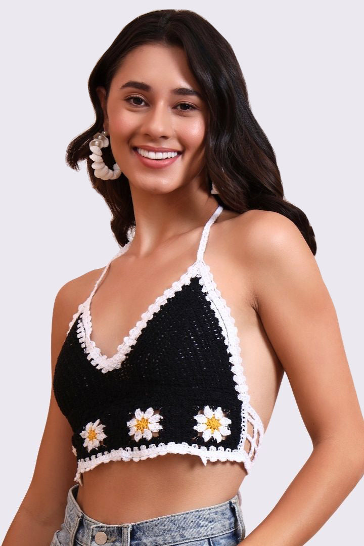 AXTZH Crochet Halter Beachwear Bra Top with Handcrafted Detailing and Playfu-X0169-BLACK2-BW1PBL