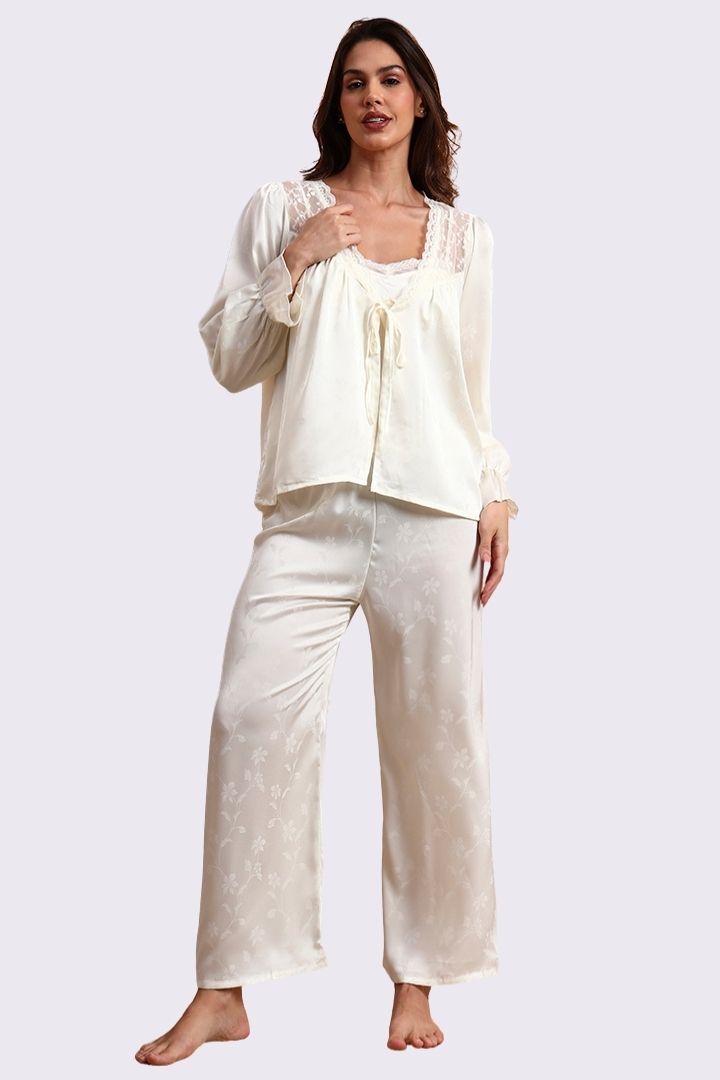 AXTZH Timeless Three-Piece Nightwear Set with Robe, Lace Accents, and Relaxed Fit for Everyday Luxury X0903-IVORY-NSL3PS