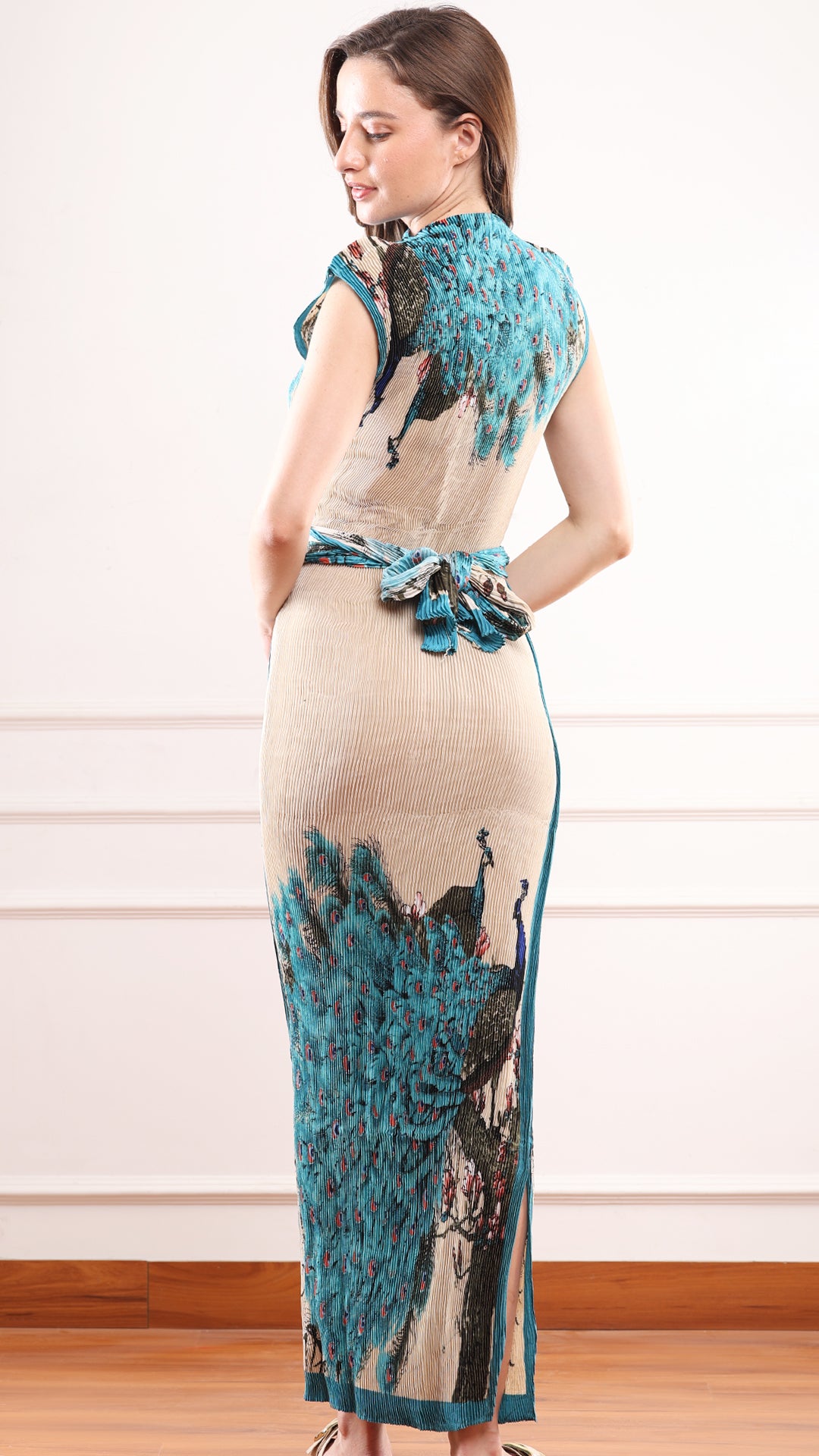 Beige Peacock Print Pleated Satin Column Dress