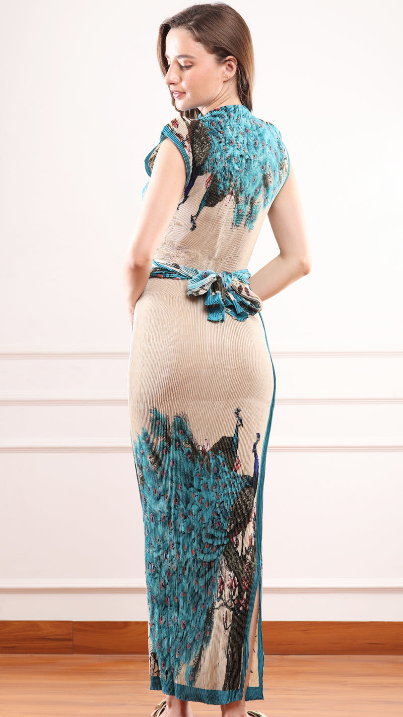 Beige Peacock Print Pleated Satin Column Dress
