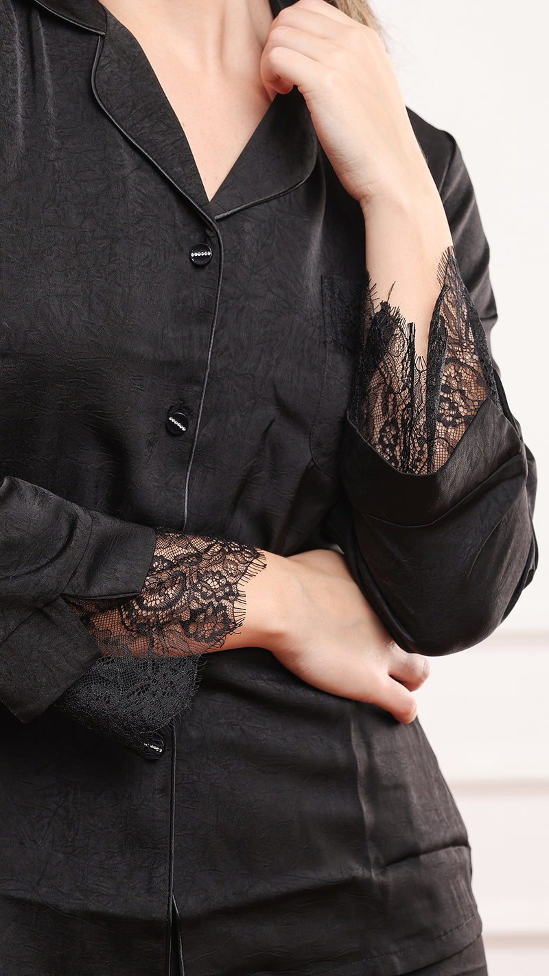 Black Silk Satin Pajama Set I Lace Trim Nightwear