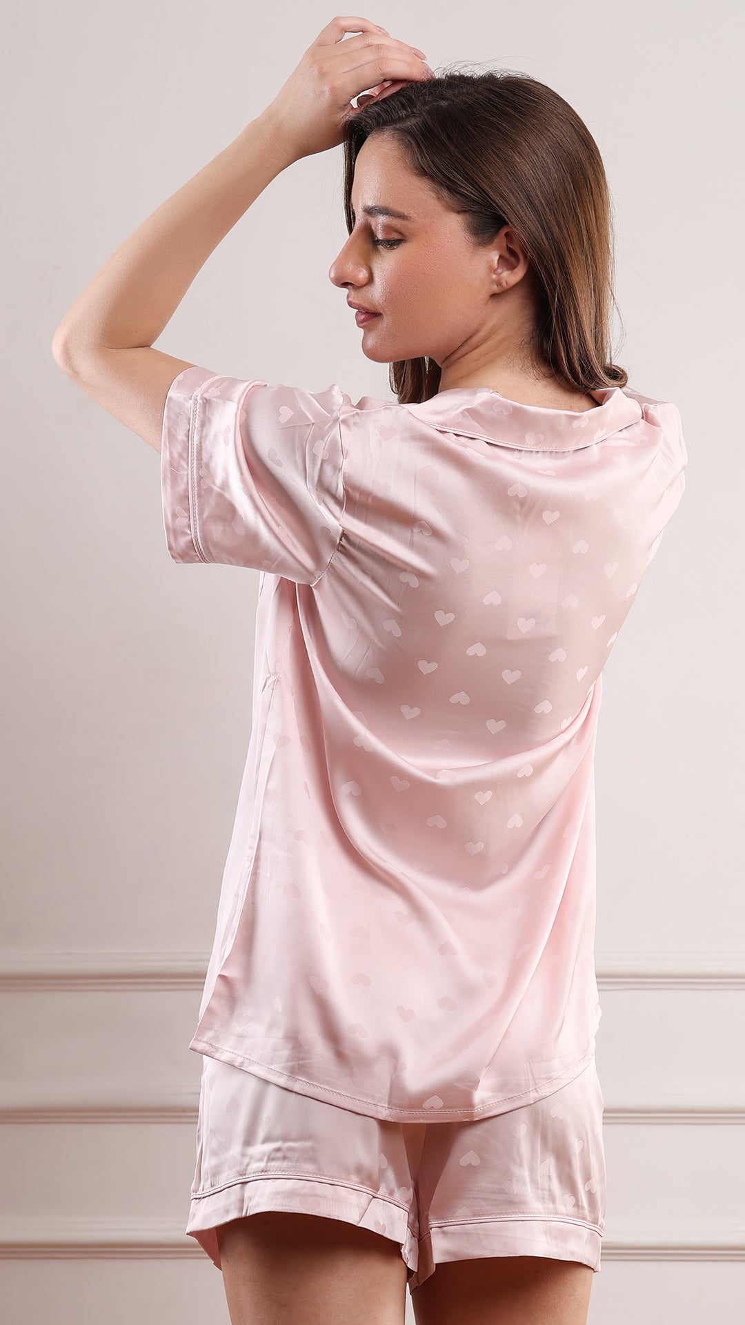 Pink Heart Jacquard Satin Pajama Set — Shirt, Shorts & Pants