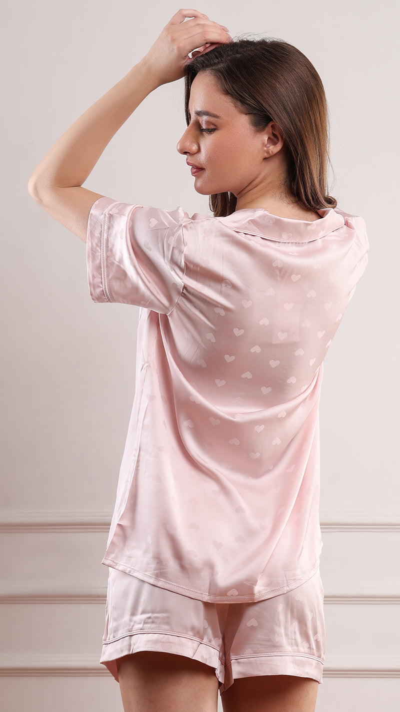 Pink Heart Jacquard Satin Pajama Set — Shirt, Shorts & Pants