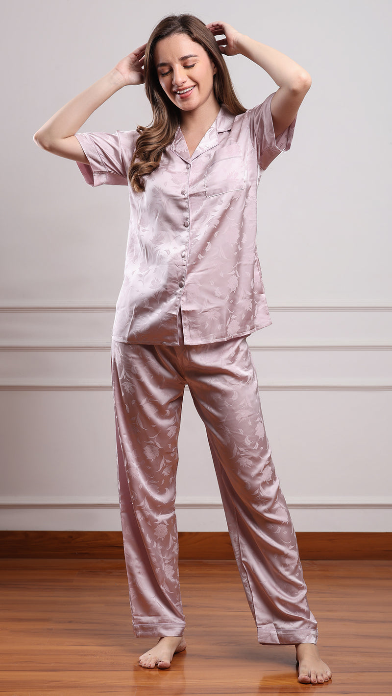 Jacquard Satin 3pc Pajama Set – Shirt, Shorts & Pant