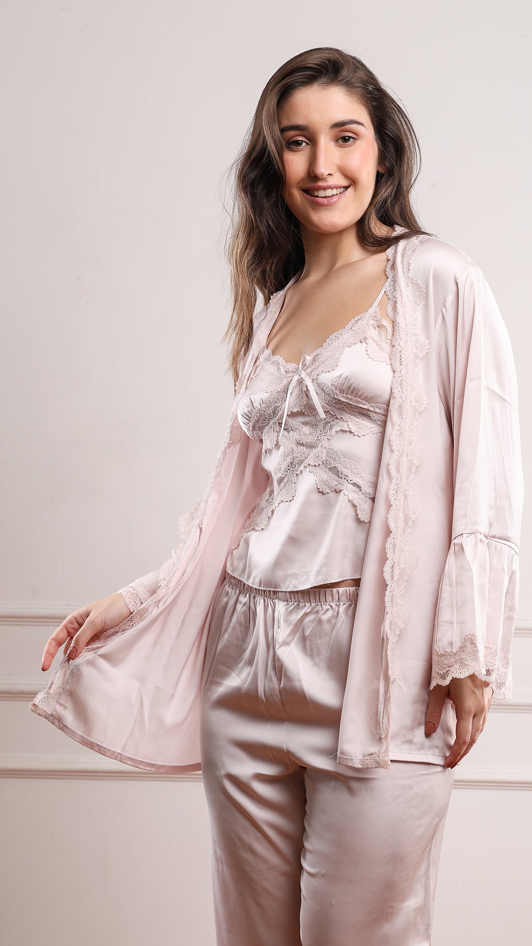 Blush Pink Satin Lace Cami, Pyjama & Robe Set