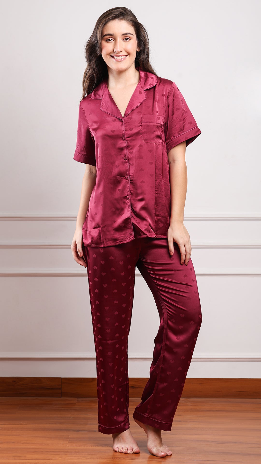 Wine Heart Jacquard Satin Pajama Set — Shirt, Shorts & Pants