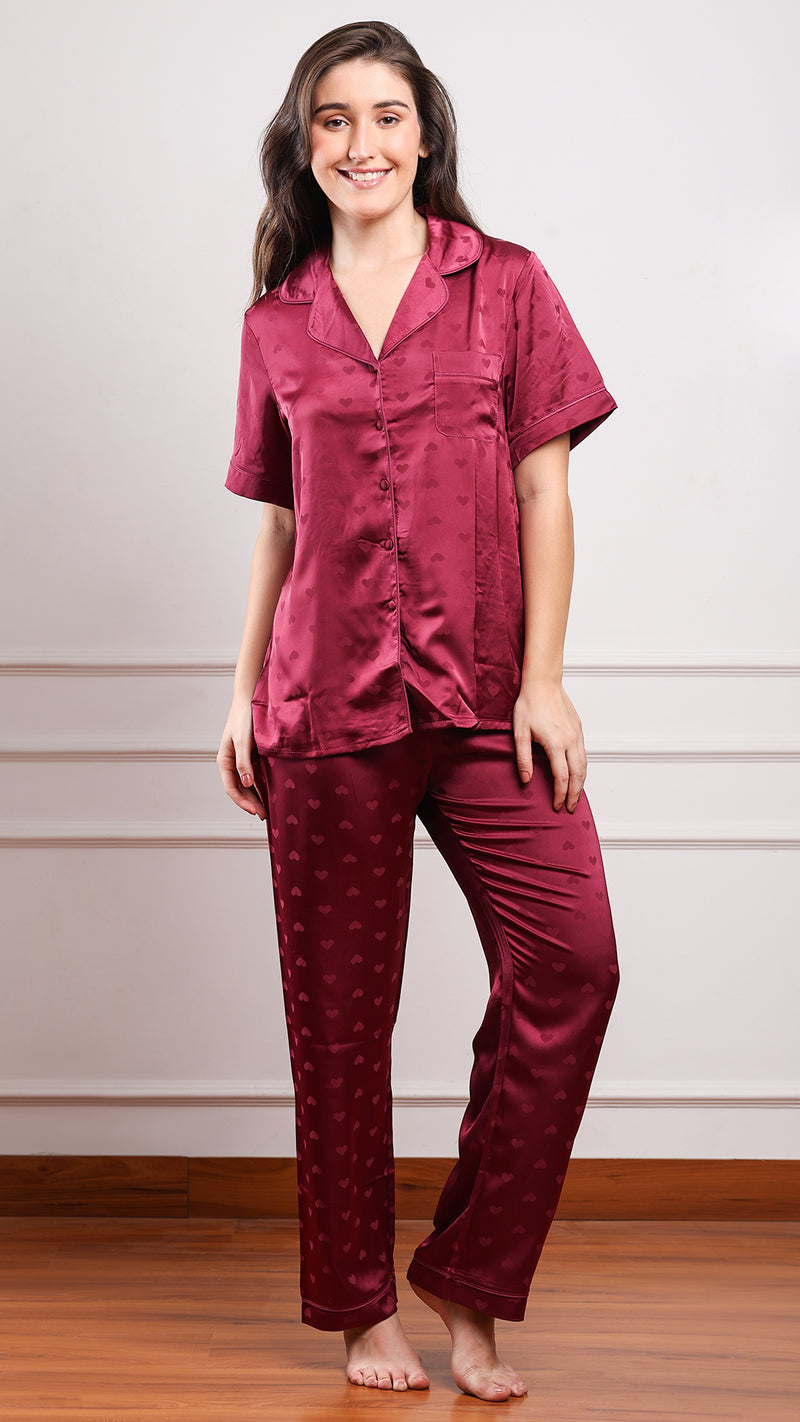Wine Heart Jacquard Satin Pajama Set — Shirt, Shorts & Pants