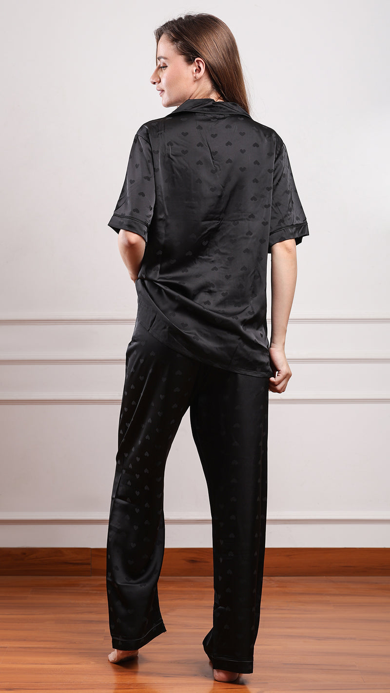 Black Heart Jacquard Satin Pajama Set — Shirt, Shorts & Pants
