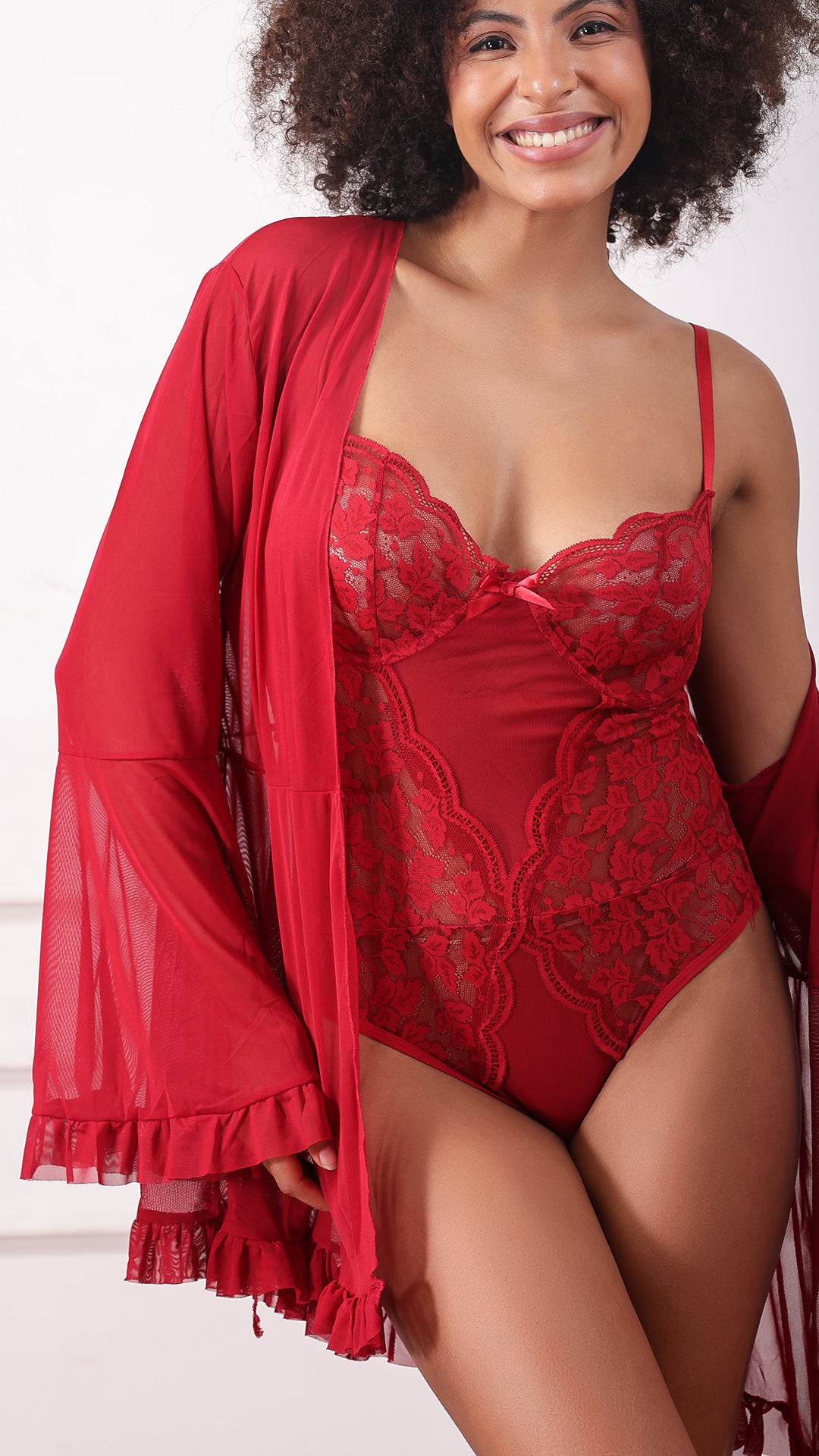 Red lace bodysuit, back view