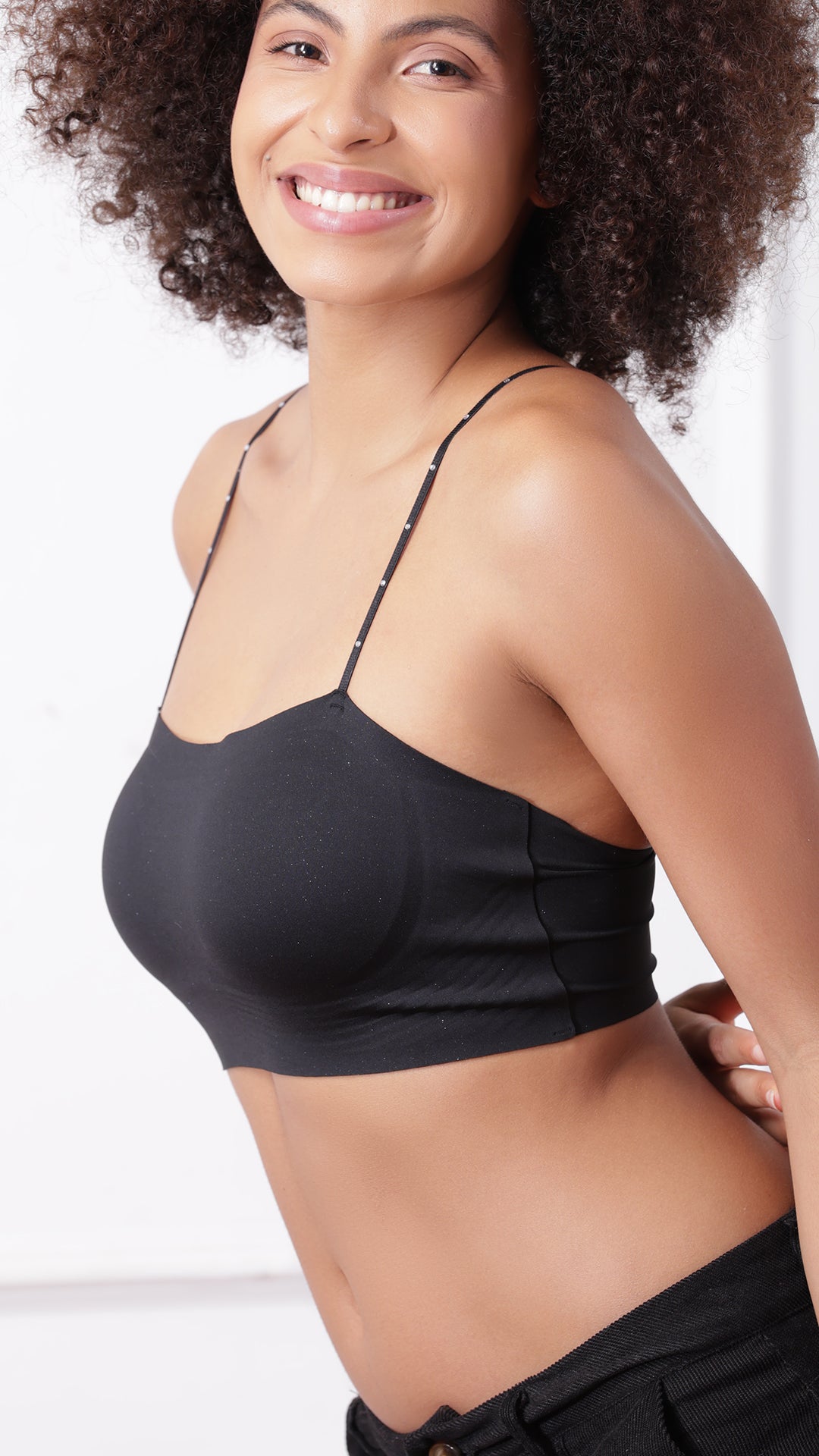 Black Padded Cami Bralette flat lay, front view