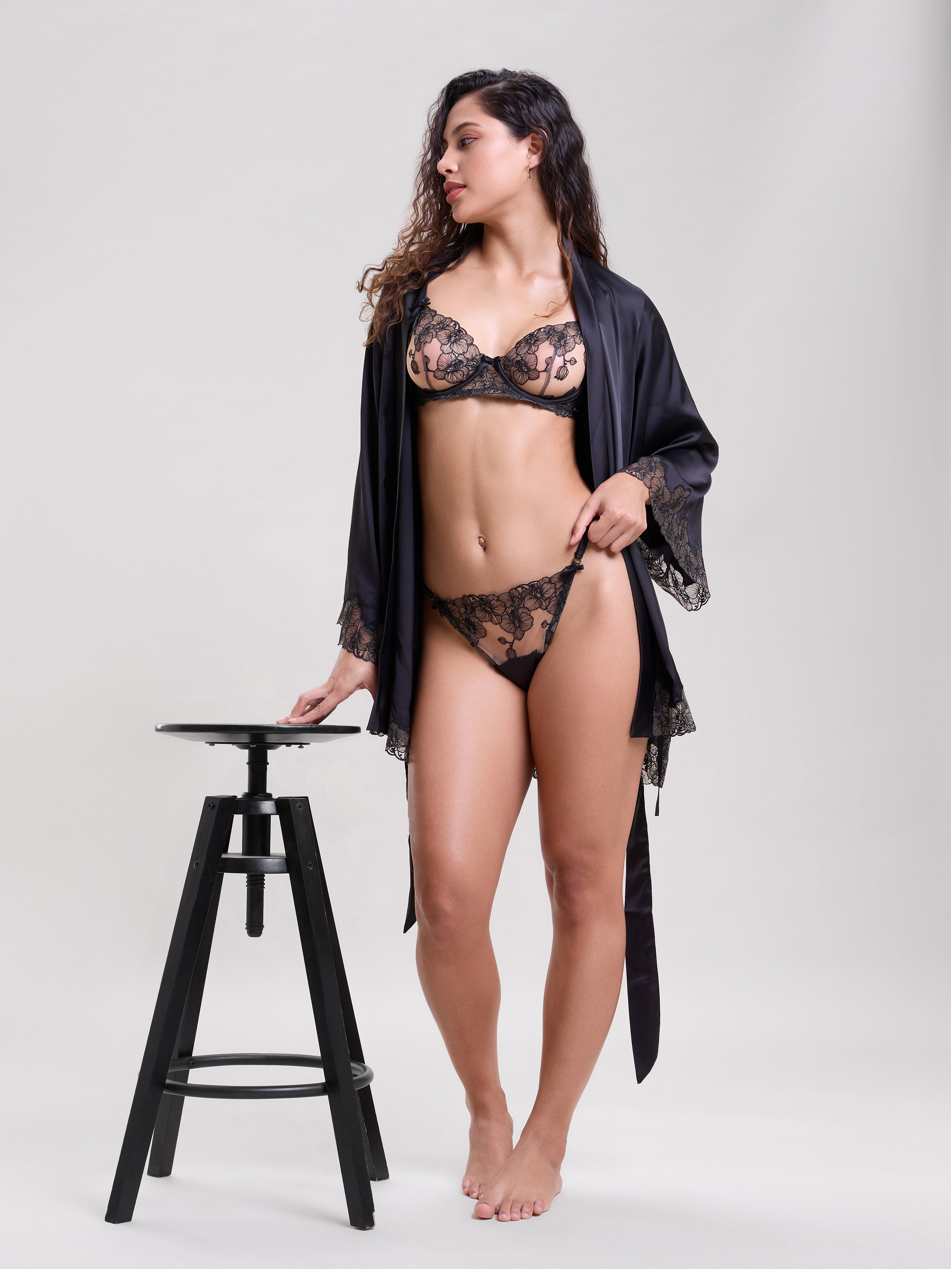 Mysthelle ELLA BLACK ROBE WITH EMBROIDERED SLEEVES